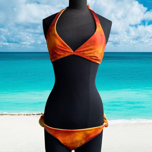 Billabong BLUE CRUSH era Vintage bikini tie dye reversible orange & solid yellow - Picture 1 of 9
